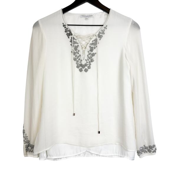 Rebecca Minkoff 100% Silk Chiffon Beaded Lace-Up VNeck Blouse White - S - Picture 1 of 9